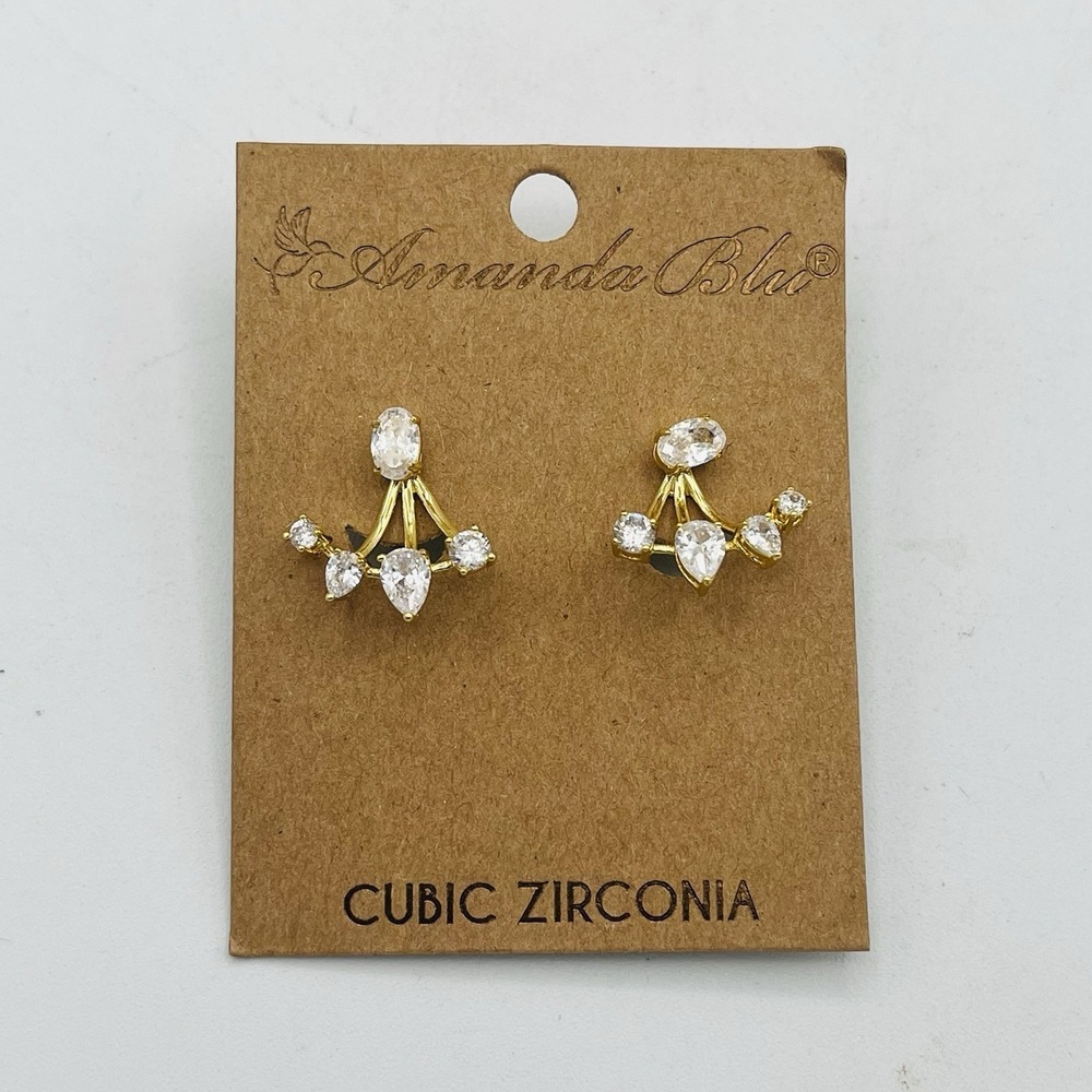 Amanda Blu CZ Stud Earrings with Ear Jacket Enhancer‎ Gold Tone NWT